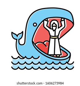 Jonah and whale blue color icon. Old Testament story. Jonahs miraculous return from jaws of huge fish. Repentance and forgiveness. Bible narrative. Isolated vector illustration