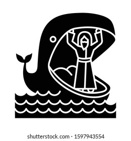 Jonah and whale glyph icon. Old Testament story. Jonahs miraculous return from jaws of huge fish. Repentance and forgiveness. Silhouette symbol. Negative space. Vector isolated illustration