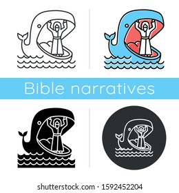 Jonah and whale icon. Old Testament story. Jonahs miraculous return from jaws of huge fish. Bible narrative. Flat design, linear and color styles. Isolated vector illustrations