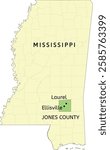 Jones County and town of Ellisville and city of Laurel location on Mississippi state map