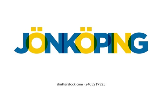 Jonkoping en el emblema de Suecia para imprimir y web. El diseño presenta estilo geométrico, ilustración vectorial con tipografía audaz en fuente moderna. Letras gráficas de eslóganes aisladas en fondo blanco.