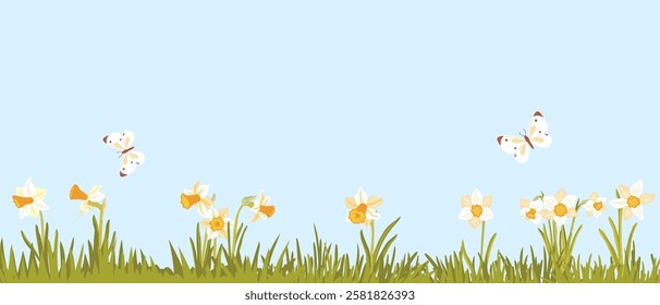 jonquils, spring flowers and butterflies, vector drawing wild plants at blue sky background, floral elements, hand drawn botanical illustration