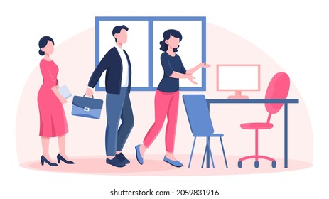 Jop presentation concept. Employee shows newcomers office. HR talks about working conditions, workplace. Fture colleagues, team. Cartoon flat vector illustration isolated on white background