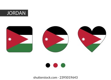 Jordania 3 formas (cuadrado, círculo, corazón) con bandera de la ciudad. Aislado sobre fondo blanco.