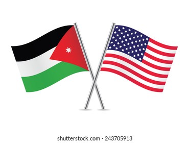 Jordan and America crossed flags. Jordanian and American flags on a white background. Vector icon set. Vector illustration.