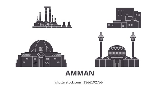 Jordan, Amman flat travel skyline set. Jordan, Amman black city vector illustration, symbol, travel sights, landmarks.