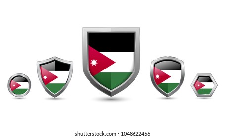 Jordan badges silver shape shield, circle and hexagon stock vector illustration