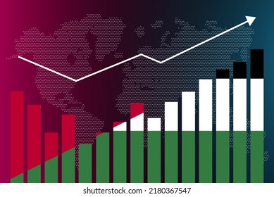 Jordan bar chart graph with ups and downs, increasing values, Jordan country flag on bar graph, upward rising arrow on data, news banner idea, developing country concept