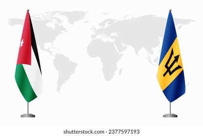 Jordan and Barbados flags for official meeting against background of world map.