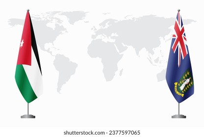 Jordan and British Virgin Islands flags for official meeting against background of world map.