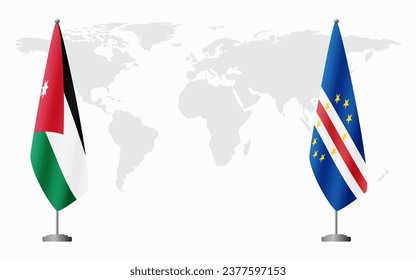 Jordan and Cape Verde flags for official meeting against background of world map.