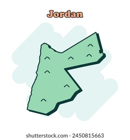 Icono de mapa en color de dibujos animados de Jordania en estilo cómico. Pictograma de ilustración de Country. La geografía de la nación salpica el concepto de negocios.