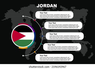 Jordan circle infographic with information text spaces, black background with world map, Jordan circle country flag, presentation graphic idea, info and data template for countries