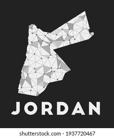 Jordania - mapa de la red de comunicación del país. Diseño geométrico jordano de moda sobre fondo oscuro. Tecnología, internet, red, concepto de telecomunicaciones. Ilustración vectorial.