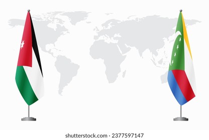 Jordan and Comoros flags for official meeting against background of world map.