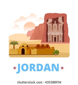 Jordan country fridge magnet design template. Flat cartoon style historic sight showplace web site vector illustration. World vacation travel sightseeing Asia Asian collection. Petra Qasr Amra.