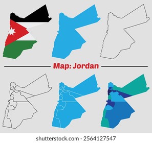 Jordan country map set. internal provinces borders marked, Simple map of Jordan vector drawing, Filled and outline.