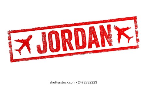 Jordan - is a country in the Southern Levant region of West Asia, text emblem stamp with airplane