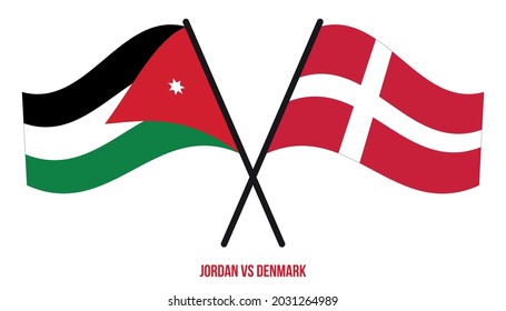 Jordan and Denmark Flags Crossed And Waving Flat Style. Official Proportion. Correct Colors.