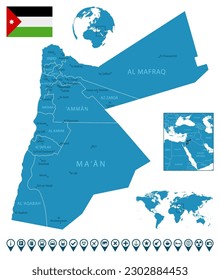 Jordan - detailed blue country map with cities, regions, location on world map and globe. Infographic icons. Vector illustration
