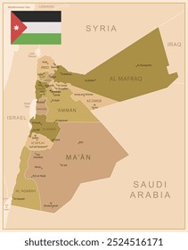 Jordânia - mapa detalhado do país em cores marrons, dividido em regiões. Ilustração vetorial