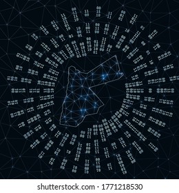 Jordan digital map. Binary rays radiating around glowing country. Internet connections and data exchange design. Vector illustration.