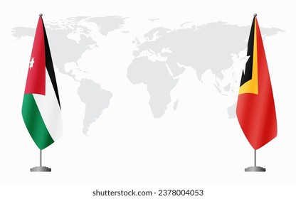 Jordan and East Timor flags for official meeting against background of world map.