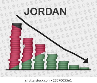 Jordan economic collapse, decreasing values with coins, crisis and downgrade concept, Jordan flag with changes, falling arrow, news banner idea, fail and decrease, financial decline