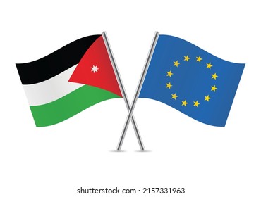 Jordan and European Union crossed flags. Jordanian and EU flags on white background. Vector icon set. Vector illustration.