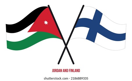 Jordan and Finland Flags Crossed And Waving Flat Style. Official Proportion. Correct Colors.