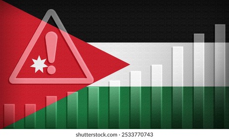 Jordan flag with burlap texture, warning sign, and rising bar chart symbolizing increasing risk or growth challenges in the country. Ideal for data presentations.