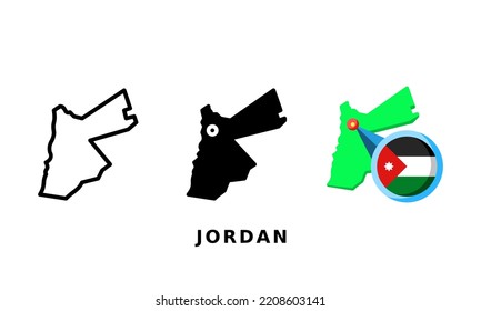 Jordan flag and country icon. With outline, glyph and flat styles