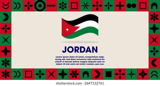 Jordan Flag Design banner with cultural design. Independence day design for Jordan celebration. Modern neo geometric retro design with flag, showcasing national pride and heritage.