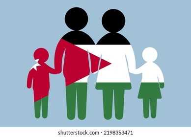 Jordan flag with family concept, vector element, parent and kids holding hands, immigrant idea, happy family with Jordan flag, flat design asset