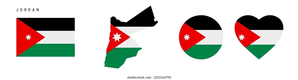 Jordan flag icon set. Hashemite Kingdom of Jordan pennant in official colors and proportions. Rectangular, map-shaped, circle and heart-shaped. Flat vector illustration isolated on white.