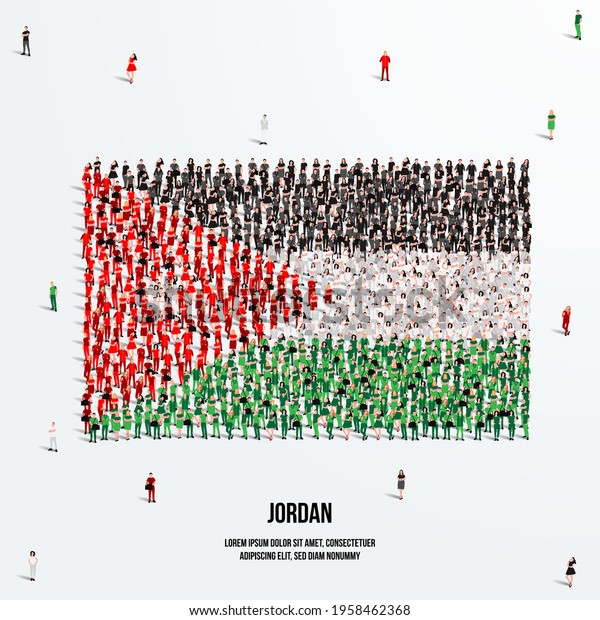 Jordan Flag. A large\
group of people form to create the shape of the Jordanian flag.\
Vector Illustration.