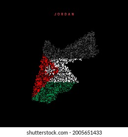 Jordan flag map, chaotic particles pattern in the colors of the Hashemite Kingdom of Jordan flag. Vector illustration isolated on black background.