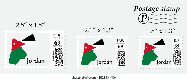 Jordan flag map on postage stamp different size.