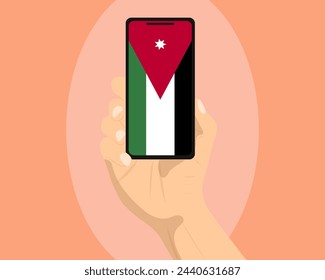 Jordan flag on mobile phone screen, holding smartphone, advertising social media or banner concept, Jordan flag showing on phone screen, technology news idea