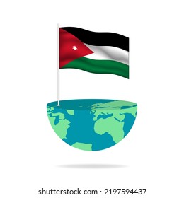 Jordan flag pole on globe. Flag waving around the world. Easy editing and vector in groups. National flag vector illustration on white background.