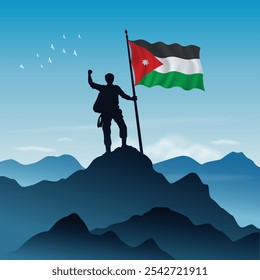 Jordan Flag raised on a mountain peak with clear sky in the background, vector illustration