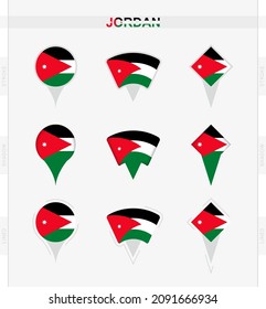 Bandera jordana, conjunto de iconos de la bandera jordana del pin de la ubicación. Ilustración vectorial de los símbolos nacionales.