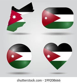 Jordan flag set in map, oval, circular and heart shape.