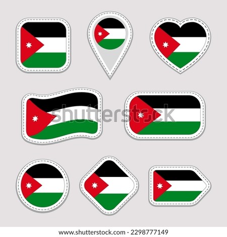 Jordan flag vector set. Jordanian stickers collection. Isolated geometric icons. State national flags symbols badges. Web, sport page, patriotic, travel design elements. Different shapes