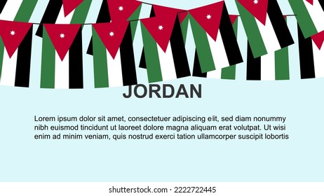Jordan flags hanging on a rope, celebration and greeting concept, many Jordan flags with text space, banner and poster idea, decoration material, independence day