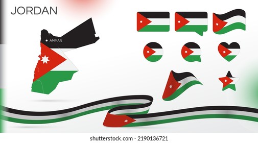 Banderas de Jordania puestas. Varios diseños. Mapa y ciudad capital. Banderas del mundo. Conjunto de vectores. Círculo. Plantilla para el día de la independencia. Colección de símbolos nacionales. Cinta con colores del indicador.