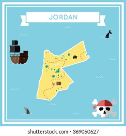 Jordan flat treasure map. Colorful cartoon treasure map of Jordan with flat icons of pirate ship, jolly roger, treasure chest and banner ribbon. Flat design vector illustration.