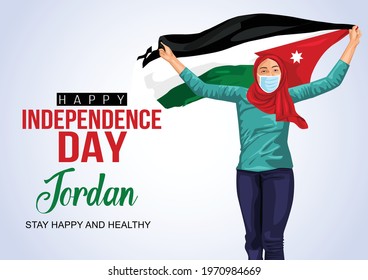 Jordan Girl waving flag her hands. 24th May Happy independence day celebration concept. can be used as poster or banner design. vector illustration. covid 19 corona virus concept