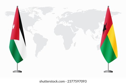 Jordan and Guinea Bissau flags for official meeting against background of world map.