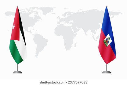 Jordan and Haiti flags for official meeting against background of world map.